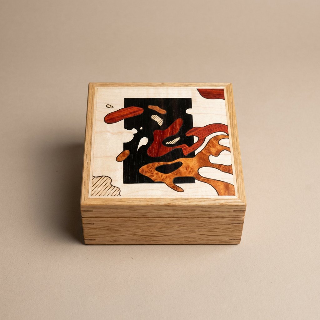 Petite boîte en bois clair au couvercle marqueté de motifs organiques noirs et orangés