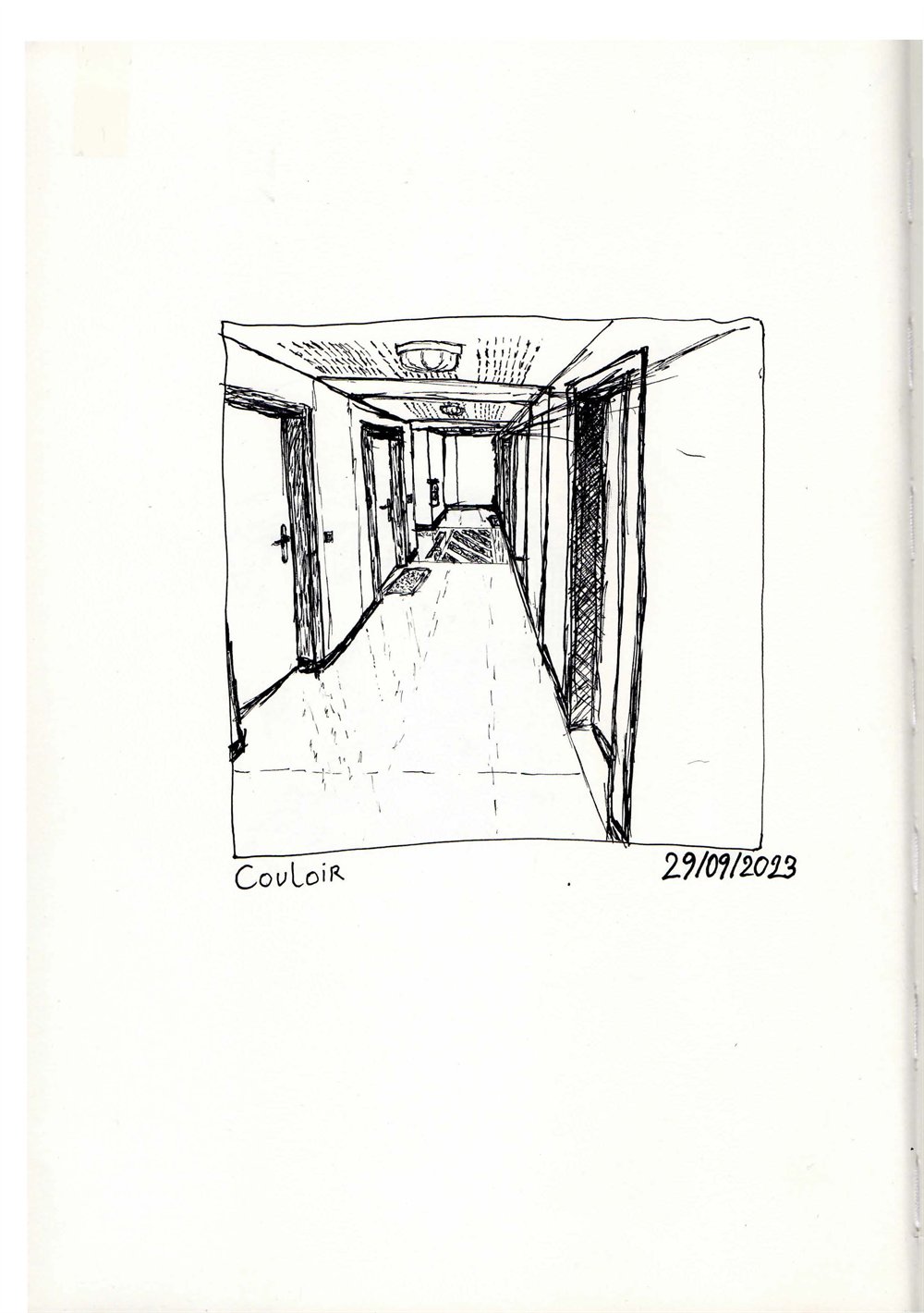 Croquis à l'encre d'un couloir en perspective