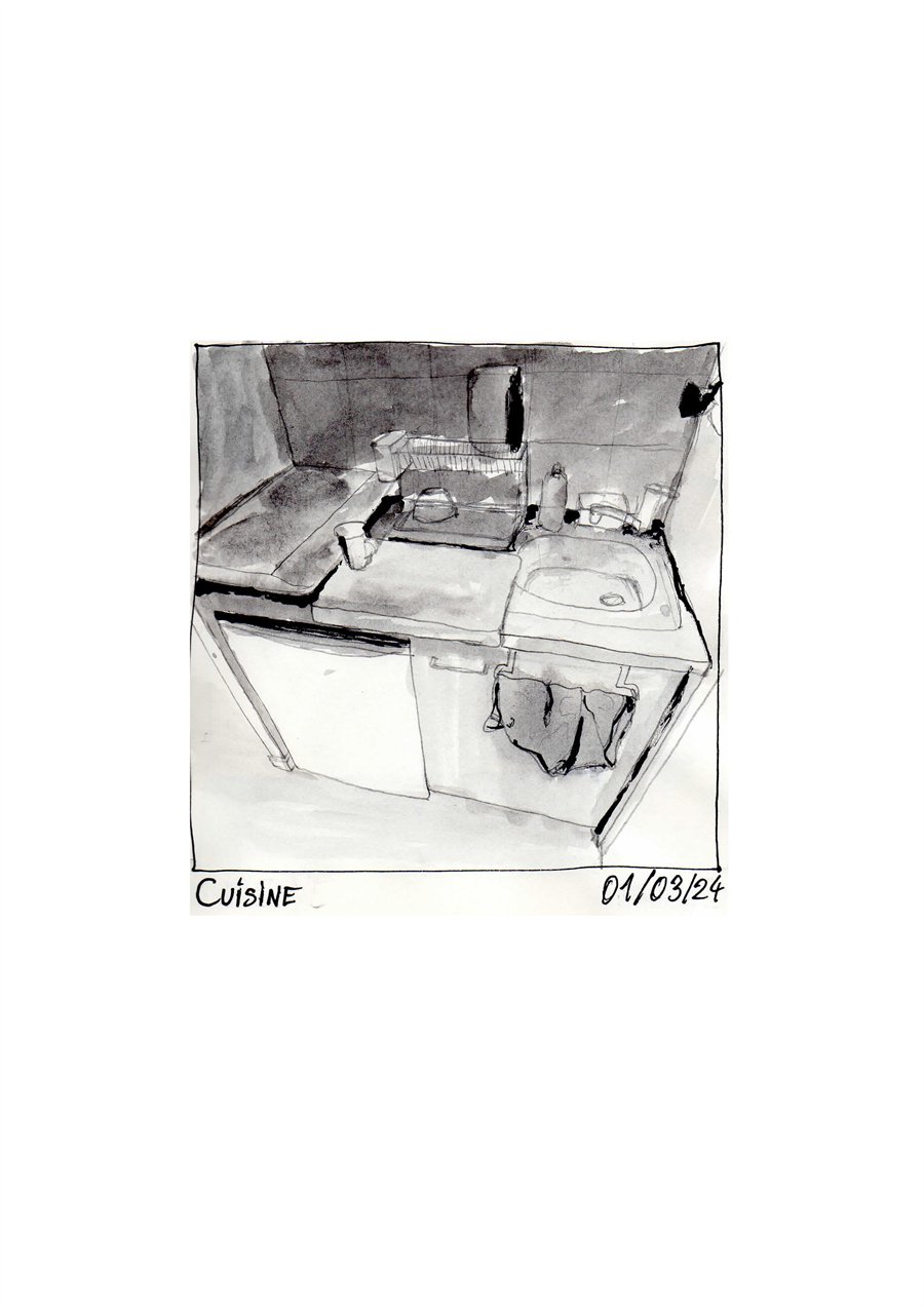 Étude au lavis d'encre d'un coin cuisine