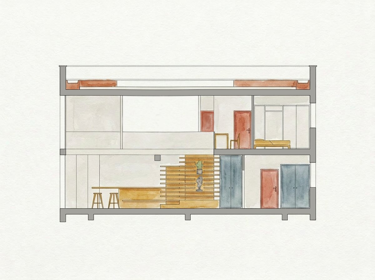 Coupe aquarellée du duplex montrant l'escalier en bois et l'agencement sur deux niveaux