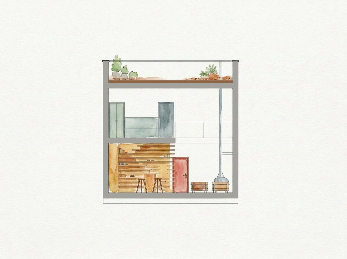 Seconde coupe aquarellée, mobilier et toiture-jardin du duplex