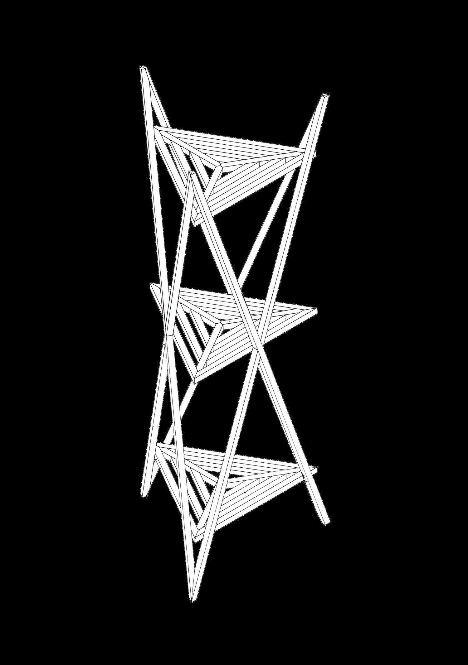 Axonométrie filaire de l'étagère en tasseaux, structure triangulée