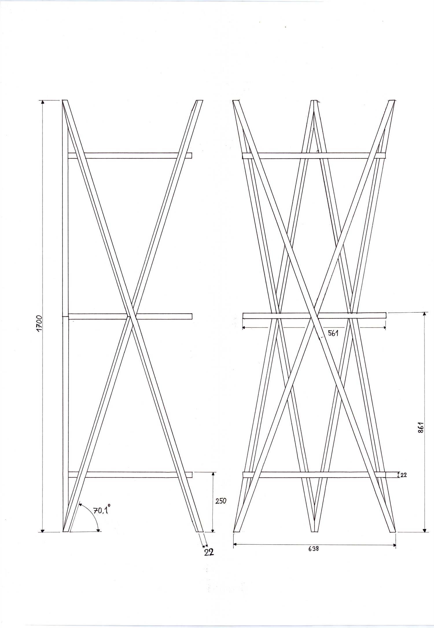 Plan coté de l'étagère, élévations de face et de profil : hauteur 1700 mm, tasseaux de 22 mm, montants à 70,1°